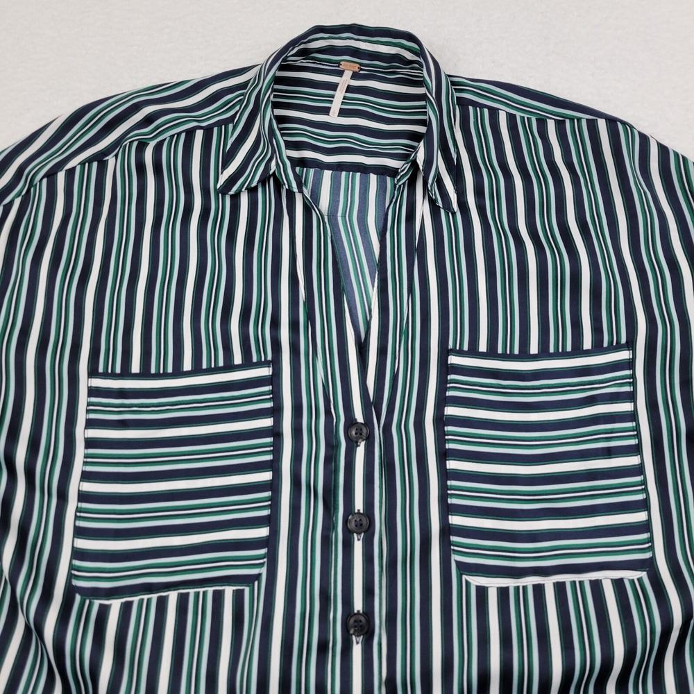 Free People Mad About You Oversized Shirt Womens Large L Striped Green Blue